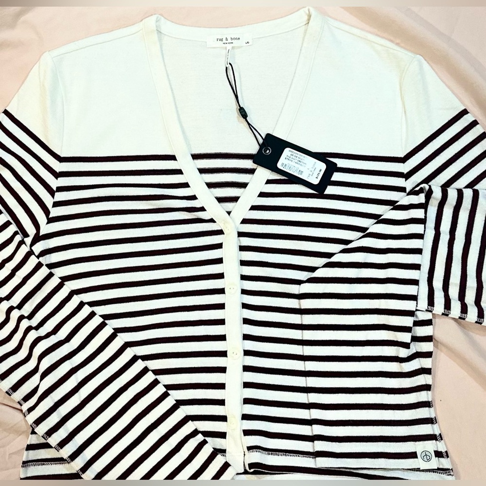 NWT rag & bone beige multi knit breton stripe slim cardigan L - Picture 13 of 16